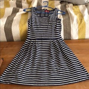 Sleeveless navy and white striped dress